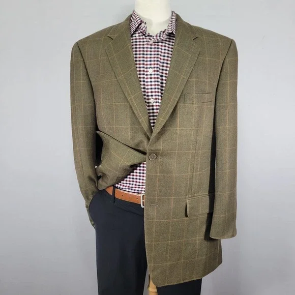 Tasso Elba Men's Sport Coat Blazer Two Button Olive Plaid Silk‎ Camel hair 42L