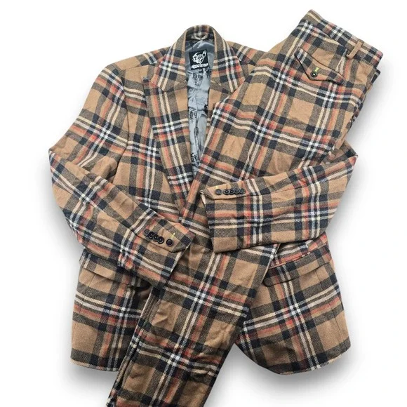 Twisted Tailor Mens 44R Nevada Suit Tan Plaid Wool Blend Slim Fit 36x31 Pants