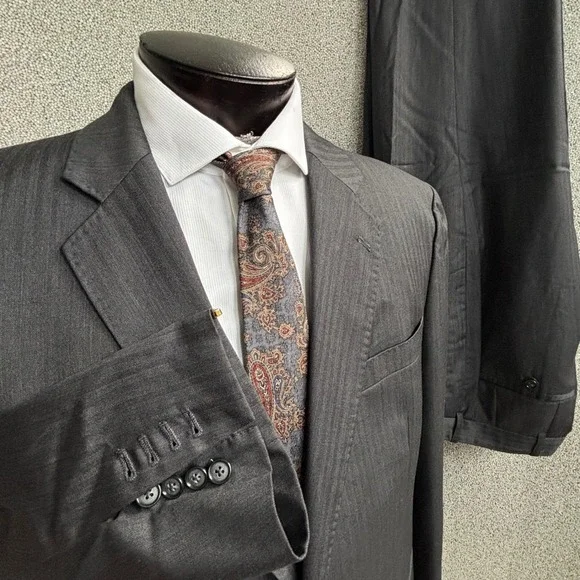 Balani Bespoke Suit 44R Gray Herringbone Paisley Surgeon White Collar Old Money