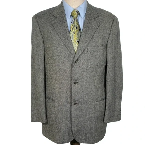 Hugo Boss Blazer Men 40R Navy Khaki Herringbone‎ Einstein Lambswool Sport Coat