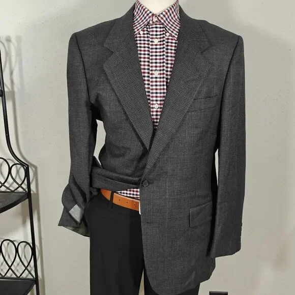 JOS A BANK‎ Men's Sport Coat Blazer Two Button Charcoal Houndstooth Wool 44L