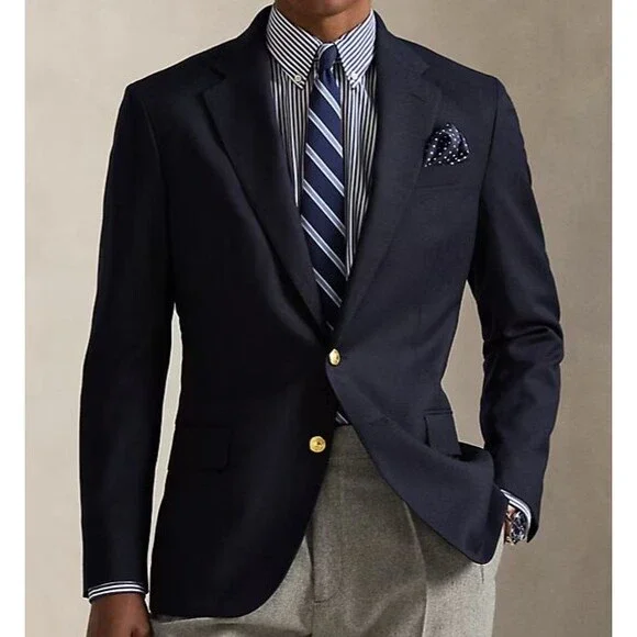 RALPH LAUREN Mens Blazer Sport Coat 2-Button Jacket Brass Buttons 44L Navy Wool