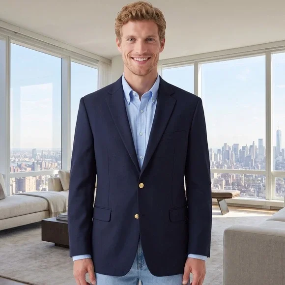 Lauren Ralph Lauren Wool Blend Blazer Mens 44L Navy Blue Preppy Gold Button