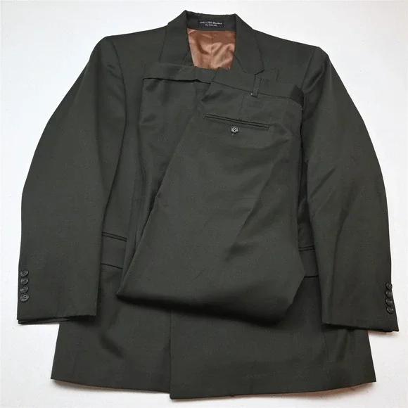 Vtg Y2K 2000s Double Breasted 38R 32x30 Dark Green Wool Mens Jacket Pants Suit