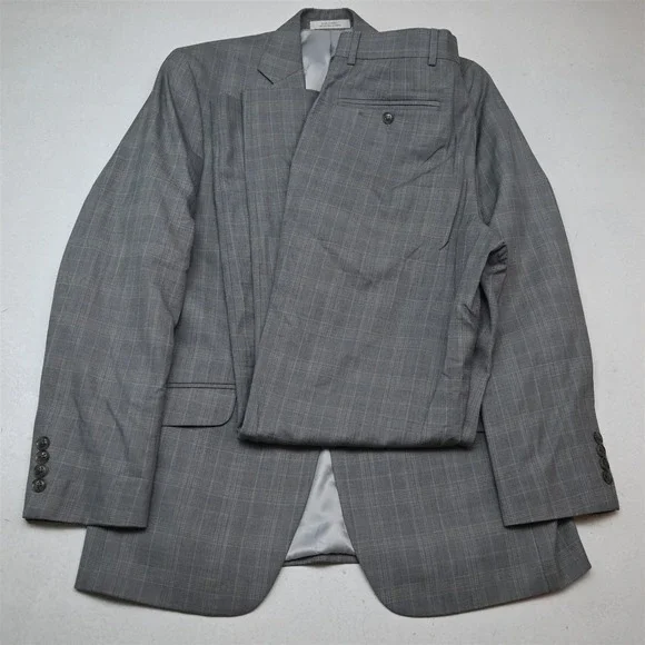Perry Ellis 36R 30x32 Gray Windowpane Check Mens Jacket Pants Suit