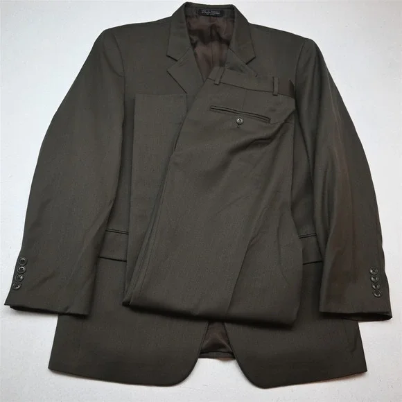 Vtg Y2K 2000s Boxy 40R 32x30 Brown Wool Mens Jacket Pants Suit