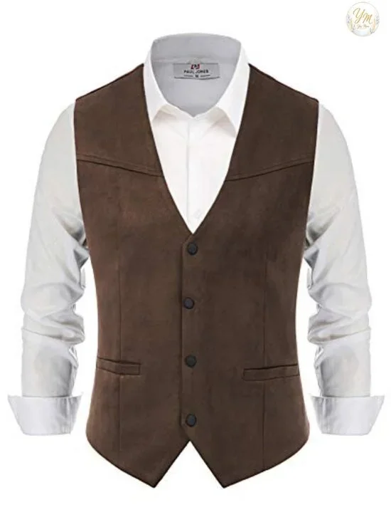 Men's Slim Fit Faux Suede Leather Suit Vest Waistcoat 4 Button Sleeveless