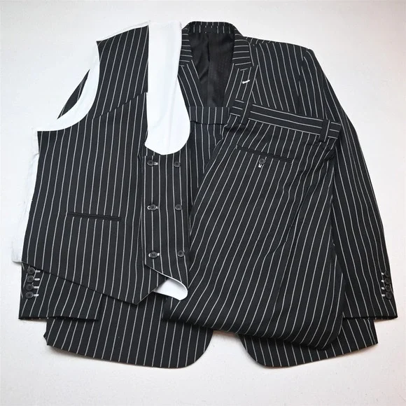 Stacy Adams 48R 40x30 Black Striped 3 Piece Vest Mens Jacket Pants Suit