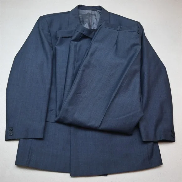 Vtg Y2K 2000s Boxy Double Breasted 42S 34x30 Blue Wool Mens Jacket Pants Suit