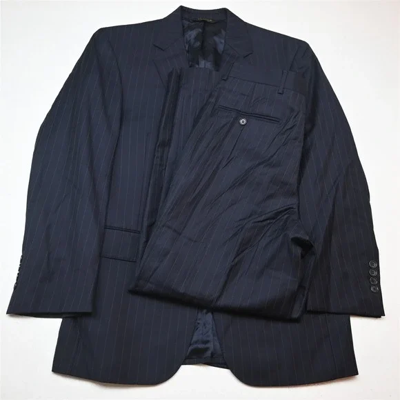 Jos A Bank 38R 32x30 Navy Blue Striped 100% Wool Gordon Mens Jacket Pants Suit