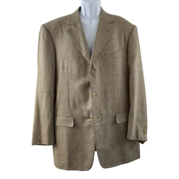 Pal Zileri Sport Coat Mens 54 US 42 Beige Silk Wool Check 3 Button Italy Summer