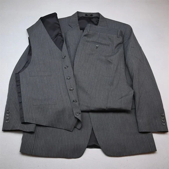Jones New York 44R 36x30 Gray Stripe 100% Wool 3 Piece Vest Jacket Pants Suit