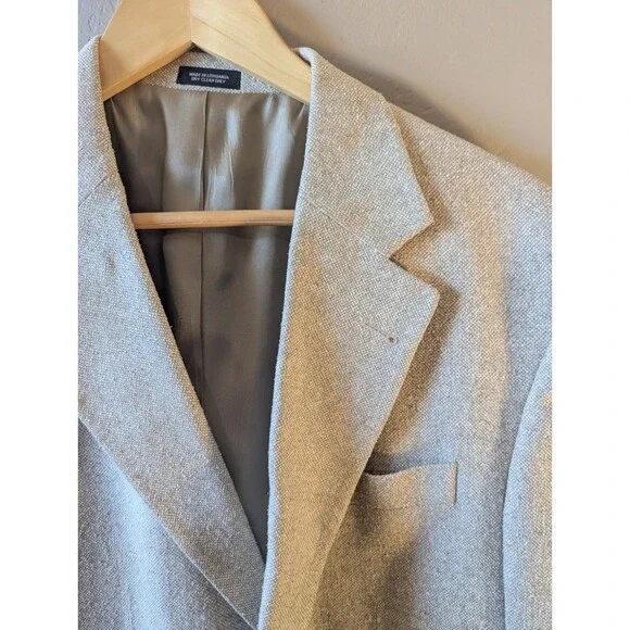 John Ashford Mens Silk Blazer Jacket Beige Tan Tweed Weave Sport Coat 2 Button