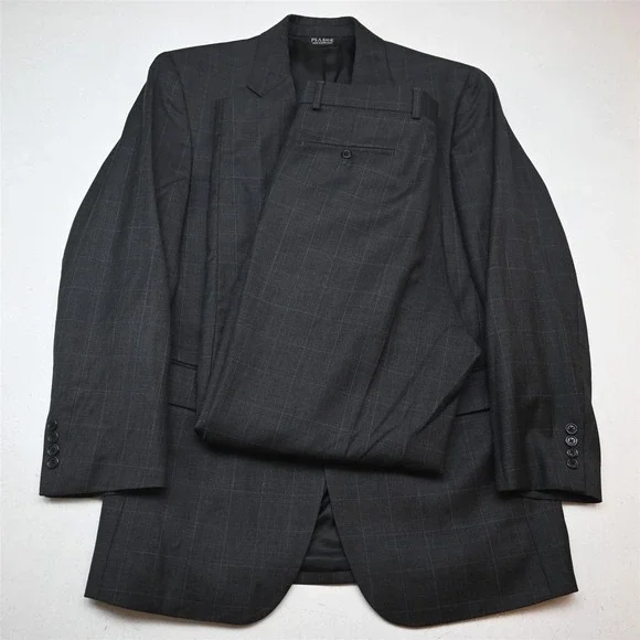 Jos A Bank 41L 34x32 Gray Windowpane 100% Wool Mens Jacket Pants Suit