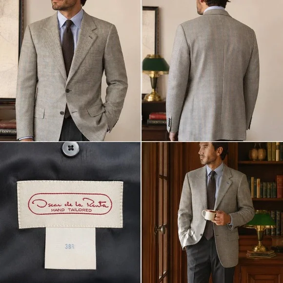 VTG Oscar de la Renta Hand Tailored Sport Coat Blazer 38R Houndstooth Check Wool