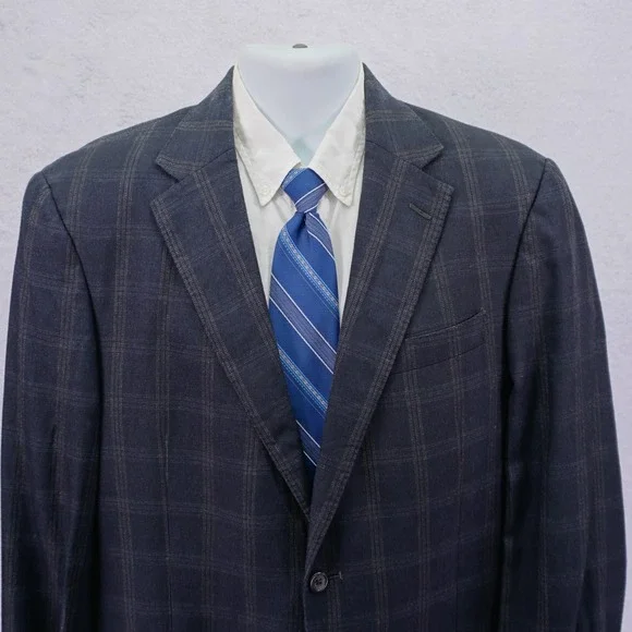 Hart Schaffner Marx Blue / Gray With Tan White Windowpane Wool Sport Coat‎ 42L