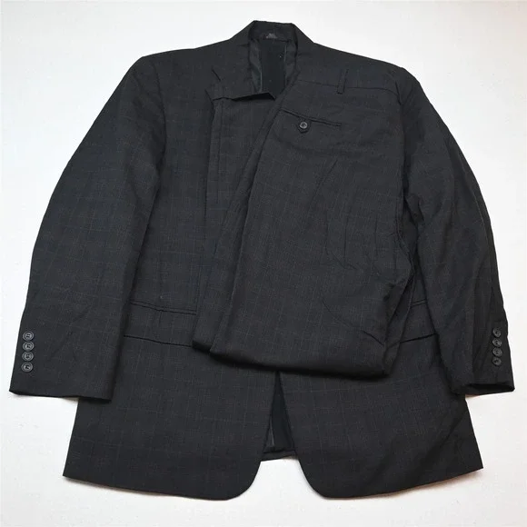 Vtg Y2K 2000s Boxy 40R 32x30 Gray Check Mens Jacket Pants Suit