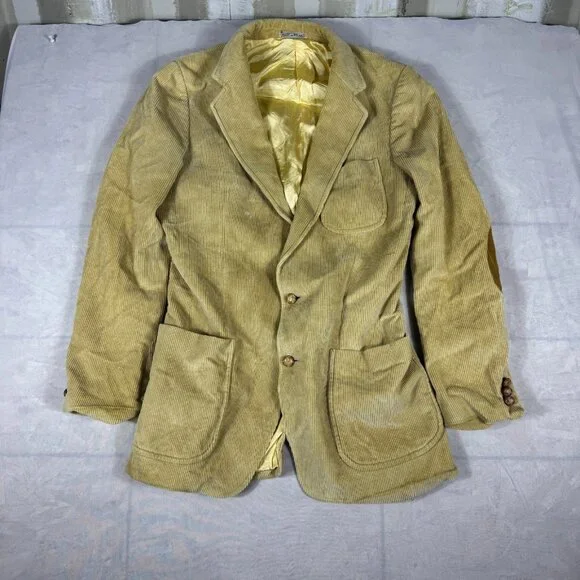 Vtg Brad Whitney‎ Men's Corduroy Blazer Beige Elbow Patch Lined Single Breasted