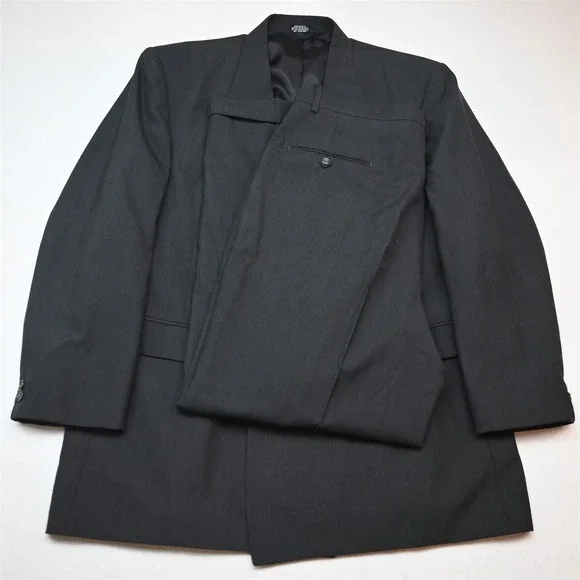 Vtg Y2K 2000s Boxy Double Breasted 46L 36x32 Gray Striped Wool Jacket Pants Suit