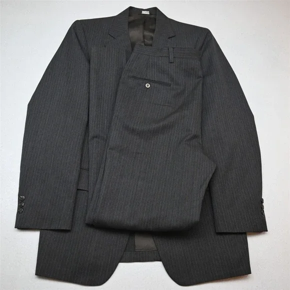Vtg USA Made 38L 34x34 Taupe Brown Gray Striped Wool Bootcut Mens Suit