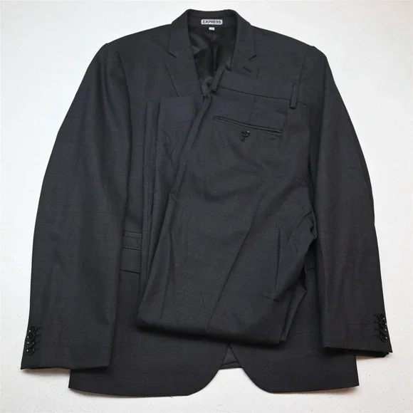 Express 40R 32x30 Gray Wool Photographer Fitted Slim Mens Jacket Pants Suit