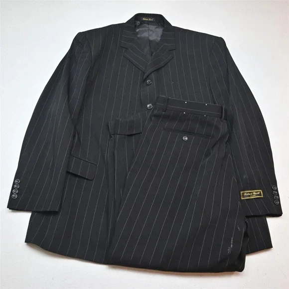 NEW Deadstock Vtg Y2K 2000s Boxy 48R 40x28 Black Striped Mens Jacket Pants Suit