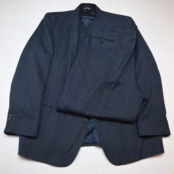 Vtg USA Made 48L 42x32 Blue Blanketweave Wool Mens Jacket Pants Suit