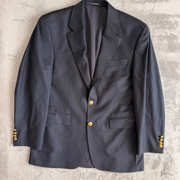 Lauren Ralph Lauren Mens 39R Navy Blue Wool Blazer Gold Crest Buttons Sport Coat