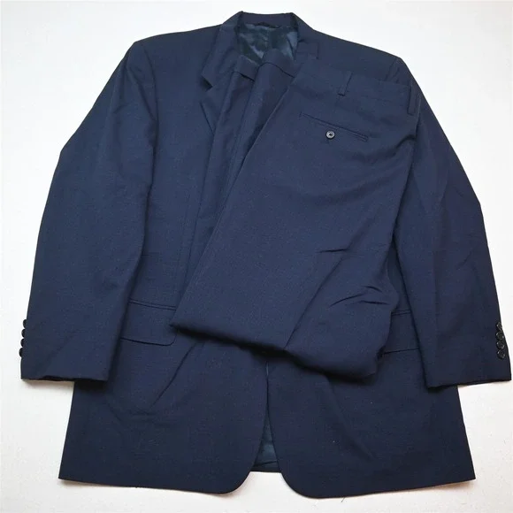 Vtg USA Tom James 44R 36x30 Blue Micro Houndstooth Wool Strong Shoulder Suit