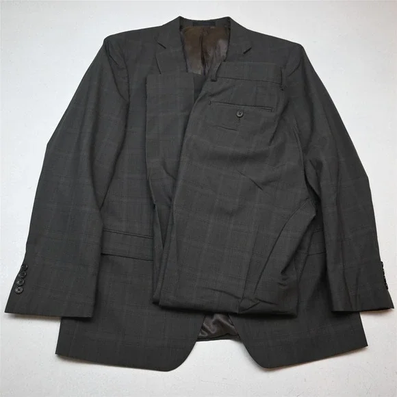 Tallia 42R 32x34 Brown Check 100% Wool Mens Jacket Pants Suit