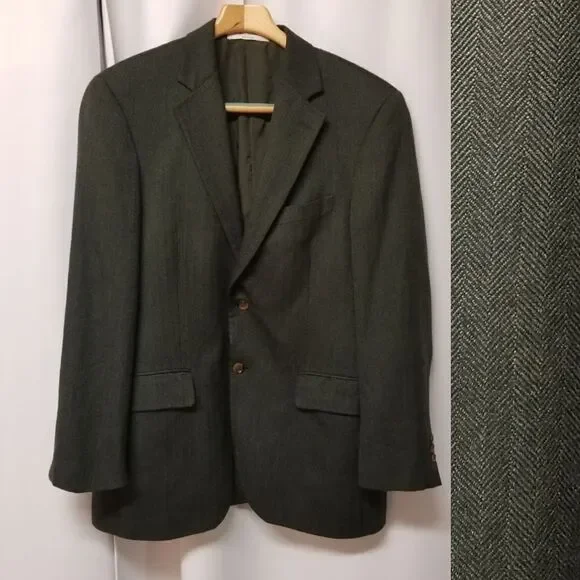 Vintage John W Nordstrom 100% Cashmere Herringbone Forest Green Suit Coat Blazer