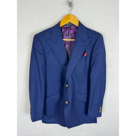 Indochino Mens 38S Short  100% Wool Blue Peak Lapel Blazer Purple Jacket