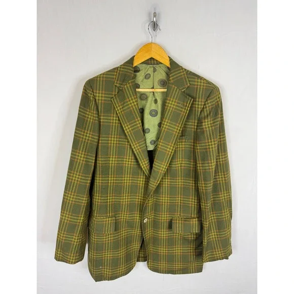 Vintage Hyde Park Disco Men 40 Plaid Blazer Green Orange 70s Mod