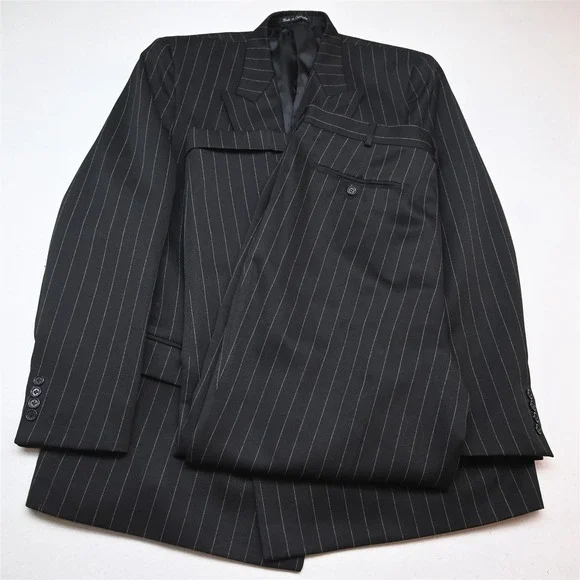 Vtg Y2K 2000s Boxy Double Breasted 48R 38x32 Black Striped Mens Suit