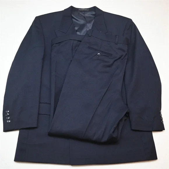 Vtg USA Made Double Breasted 42S 36x30 Navy Blue Wool Mens Jacket Pants Suit
