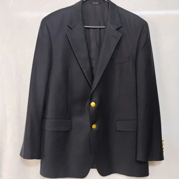 Harold Powell Mens 43R Navy Blue 100% Wool Blazer Gold Crest Buttons Single Vent