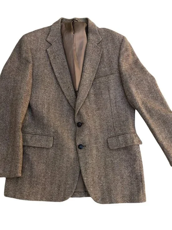 Vintage STAFFORD Herringbone Wool Blazer Jacket Men's 44R Brown Button Coat