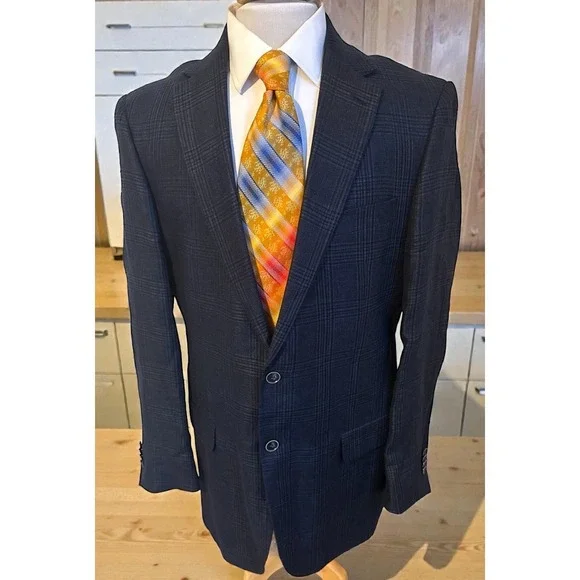 Joseph Abboud Sport Coat Blazer 44L Tailored Blue Plaid REDA Linen Wool Jacket‎