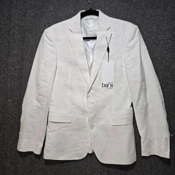 Bar Iii Mens Slim Fit 100% Linen Sport Coat Blazer 34S White