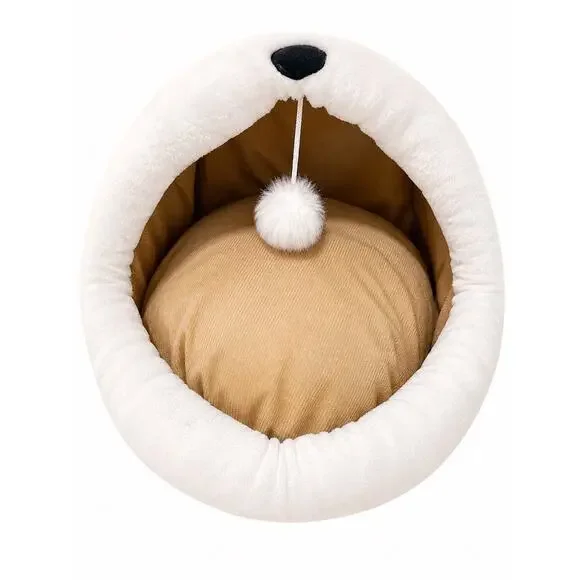 New Pink Kawaii Cat Cave Bed‎ Bear Ears Pom Pom Plush Coquette Small Pet House