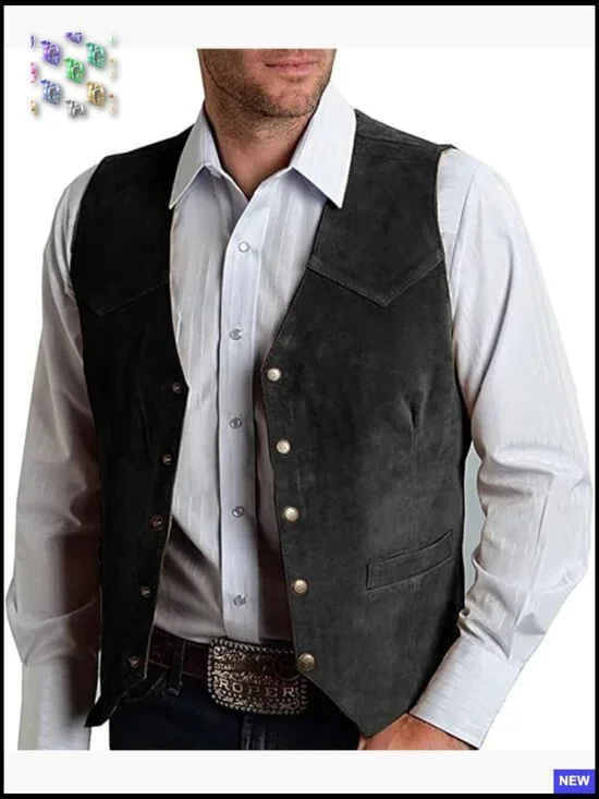 Retro Suede Leather Vest Regular Fit V-Neck 5 Button Casual Waistcoat