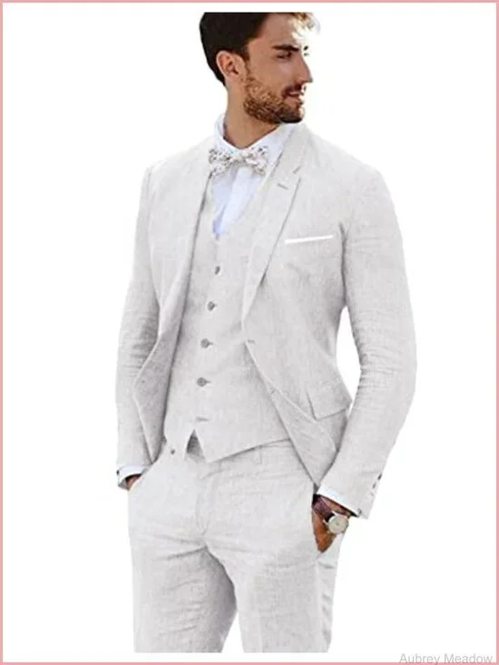 Linen 3 Piece Suit Set Slim Fit Jacket Vest Pants Wedding Tuxedo Groom Prom