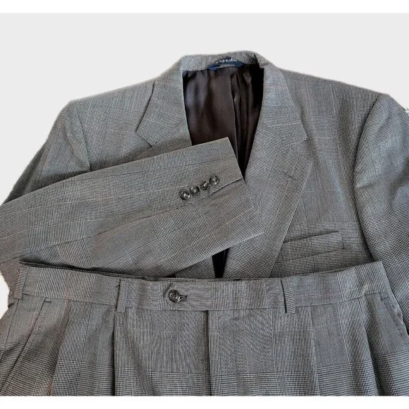Vintage Burberrys Wool Suit SZ 46 Glen Plaid Windowpane USA Union Pleated Pants