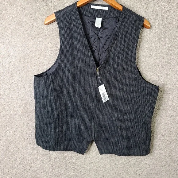 Perry Ellis Vest Mens XL Gray Herringbone Full Zip Wool Blend Casual Lined NEW