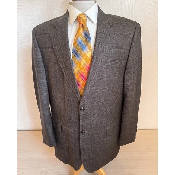 Chaps Ralph Lauren Vintage Silk Wool Brown Glen Plaid Blazer Sz 44R Jacket‎