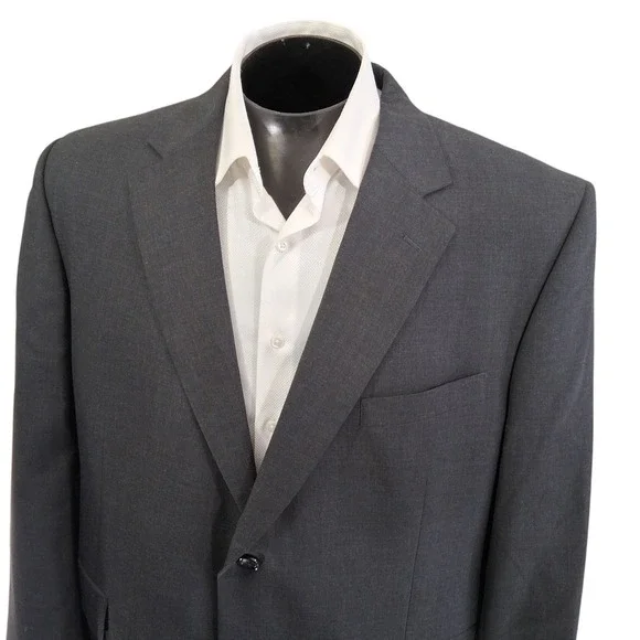 Jos A Bank Suit 46S 40x28 Gray Heathered Wool Two Button Flat Front No Cuff Pant