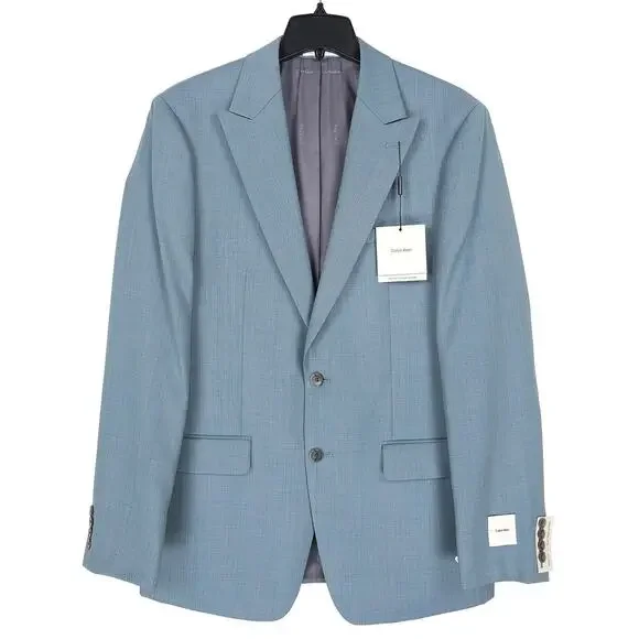 Calvin Klein Mens Slim Fit Suit Jacket Blazer 42L Green Solid Stretch Wool Blend