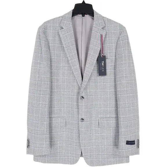 Tommy Hilfiger Mens Modern Fit Sport Coat 46L Light Grey Blue Plaid Stretch NWT