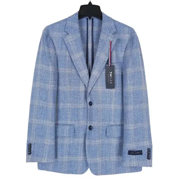 Tommy Hilfiger Mens Modern Fit Sport Coat 40S Light Blue Plaid Basketweave NWT