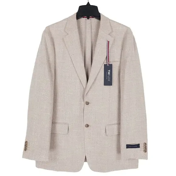 Tommy Hilfiger Mens Modern Fit Sport Coat 44L Tan Solid Stretch Basketweave NWT